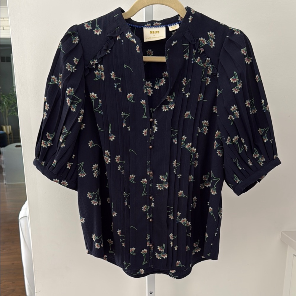 Maje Navy Floral Pintuck Puff-Sleeve Blouse